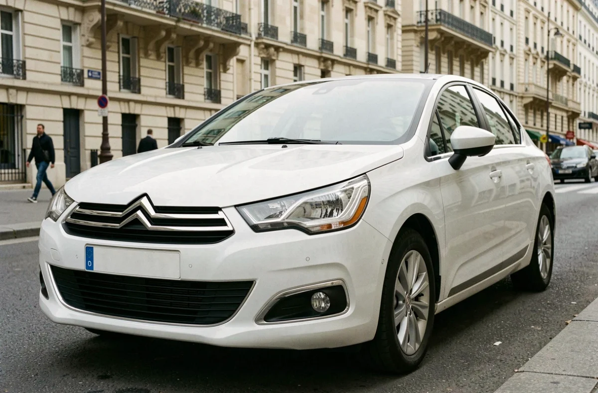 Citroën C4 blanche garée dans une rue parisienne vue de trois quarts avant