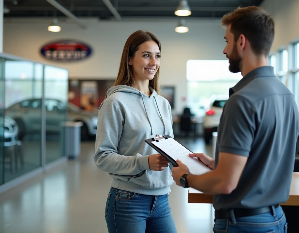 Femme discutant d'un bilan d'entretien automobile avec un conseiller technique avant le passage au contrôle technique
