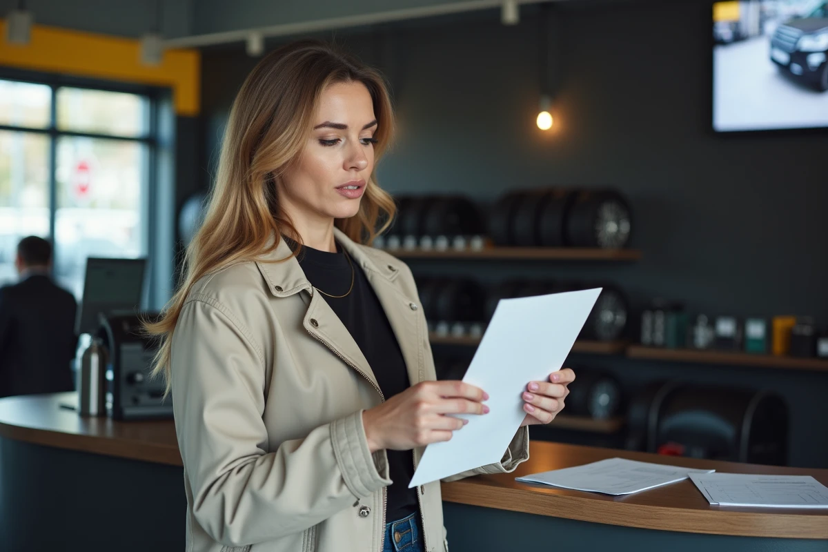 Cliente consultant sa facture au comptoir d'accueil d'un magasin Centrale Pneus