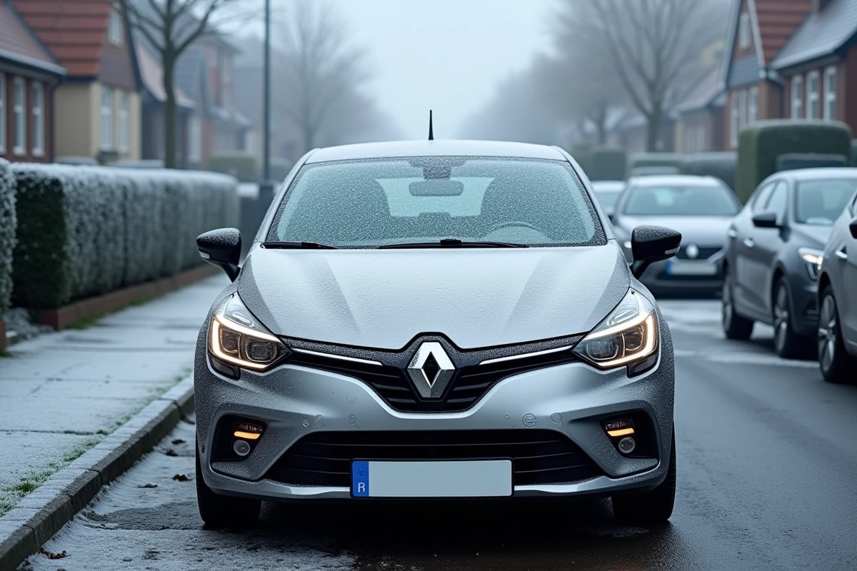 Renault Clio 2 garée sous le givre en hiver avec voyant visible dans l'habitacle