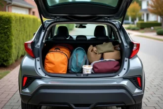Coffre du Toyota C-HR ouvert avec des bagages mal rangés et encombrants illustrant les erreurs d'organisation courantes