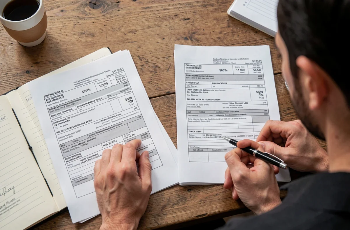Comparaison de deux devis d'assurance auto sur un bureau