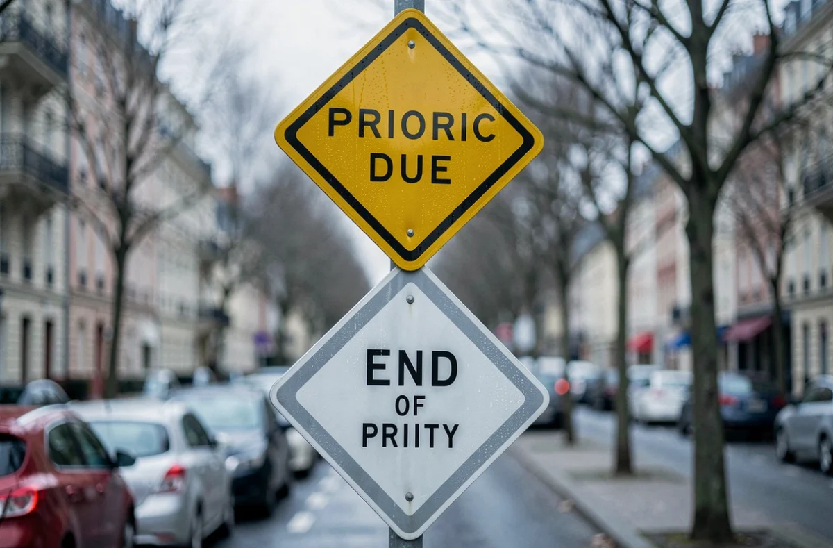 Comparaison panneau losange jaune priorité et losange blanc fin de priorité sur poteau urbain