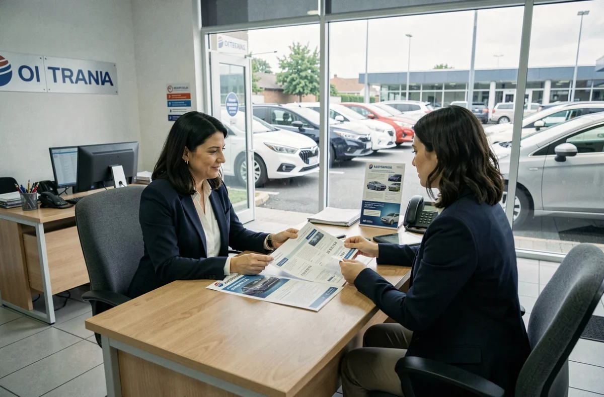 Femme comparant les prix d'une location de voiture mensuelle dans une agence de location classique
