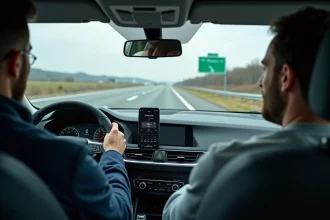 Conducteur consultant une application de calcul de péage sur autoroute depuis l'intérieur de sa voiture