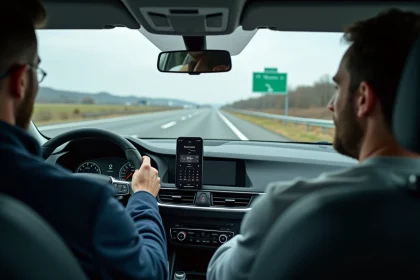 Conducteur consultant une application de calcul de péage sur autoroute depuis l'intérieur de sa voiture