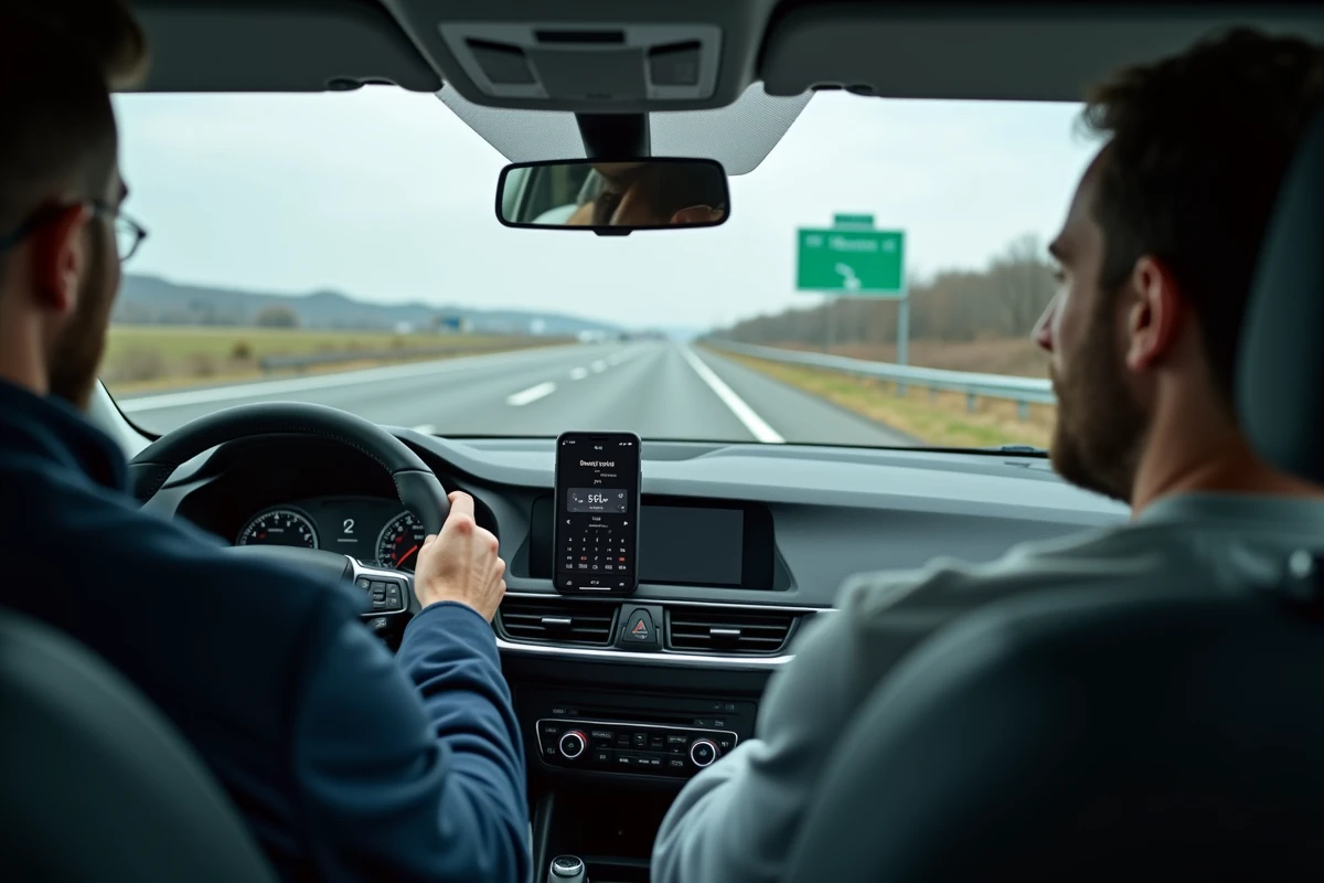 Conducteur consultant une application de calcul de péage sur autoroute depuis l'intérieur de sa voiture