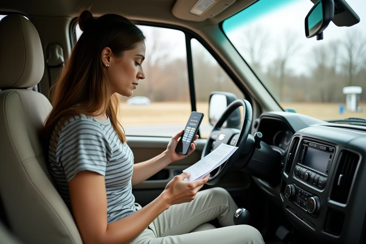 Femme au volant d'un utilitaire de location consultant un calcul de coût de carburant sur smartphone