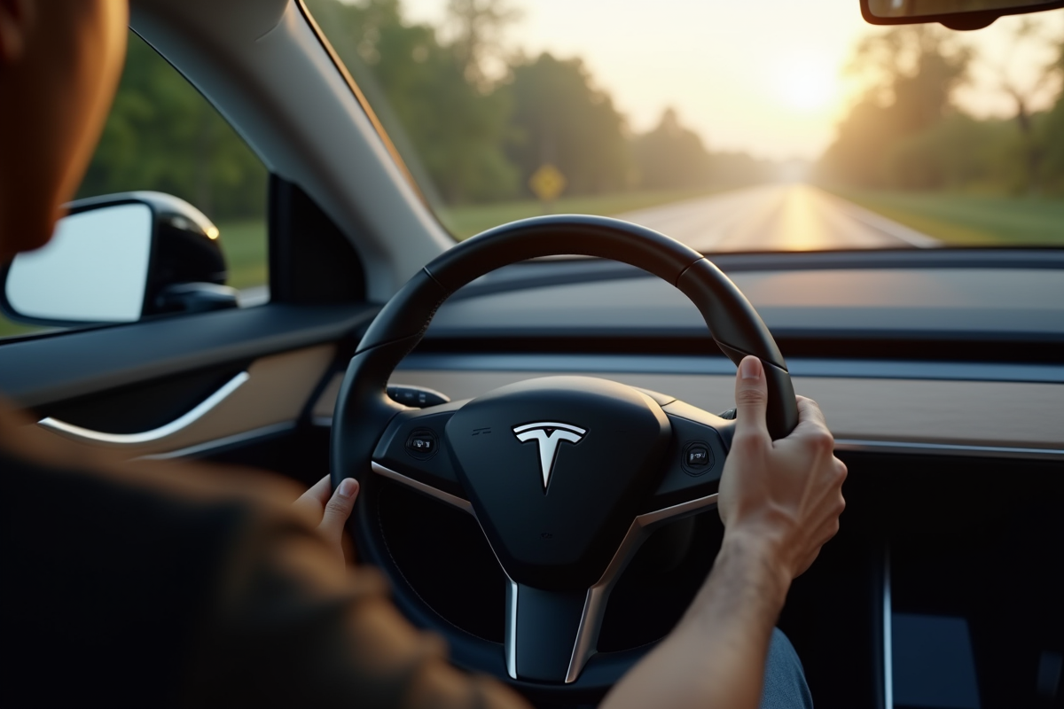 Main du conducteur sur le volant de Tesla intérieur moderne