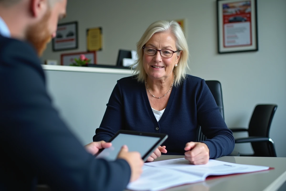 Femme discutant avec un conseiller d'auto-école des options de financement pour obtenir son permis de conduire à prix réduit