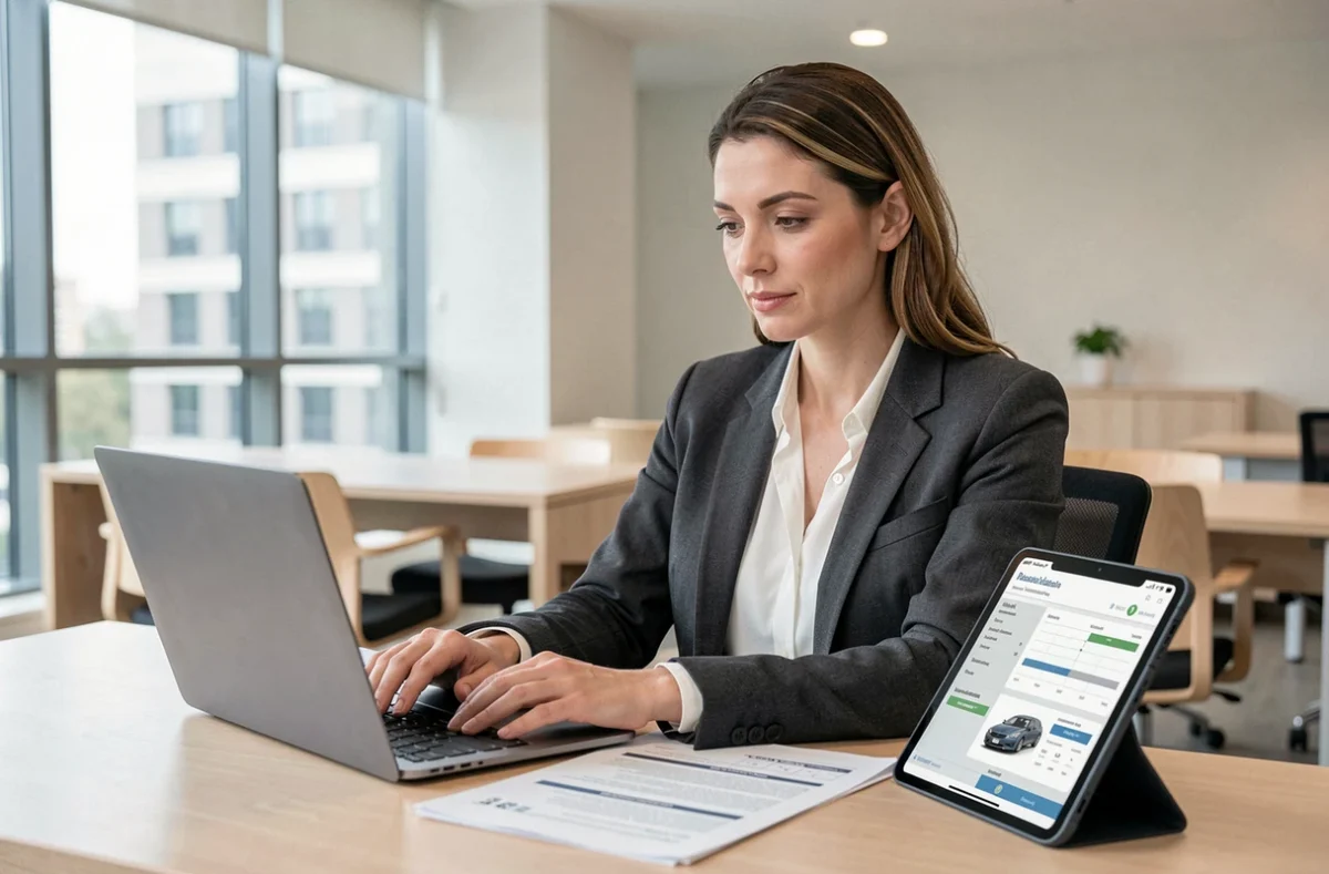 Conseillère en assurance VTC analysant les documents d'estimation de valeur d'un véhicule professionnel dans un bureau moderne