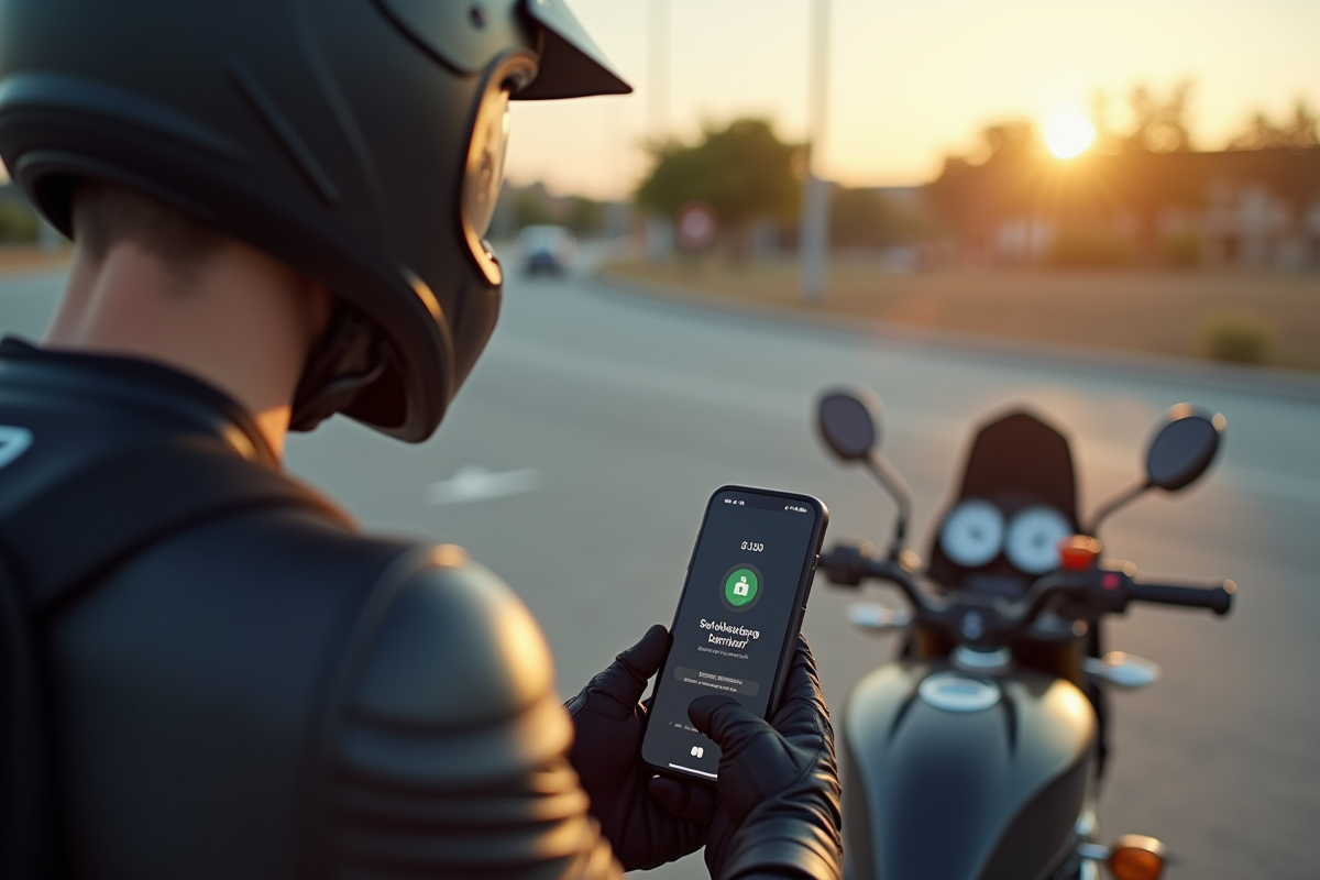 Motocycliste utilisant une application de securite