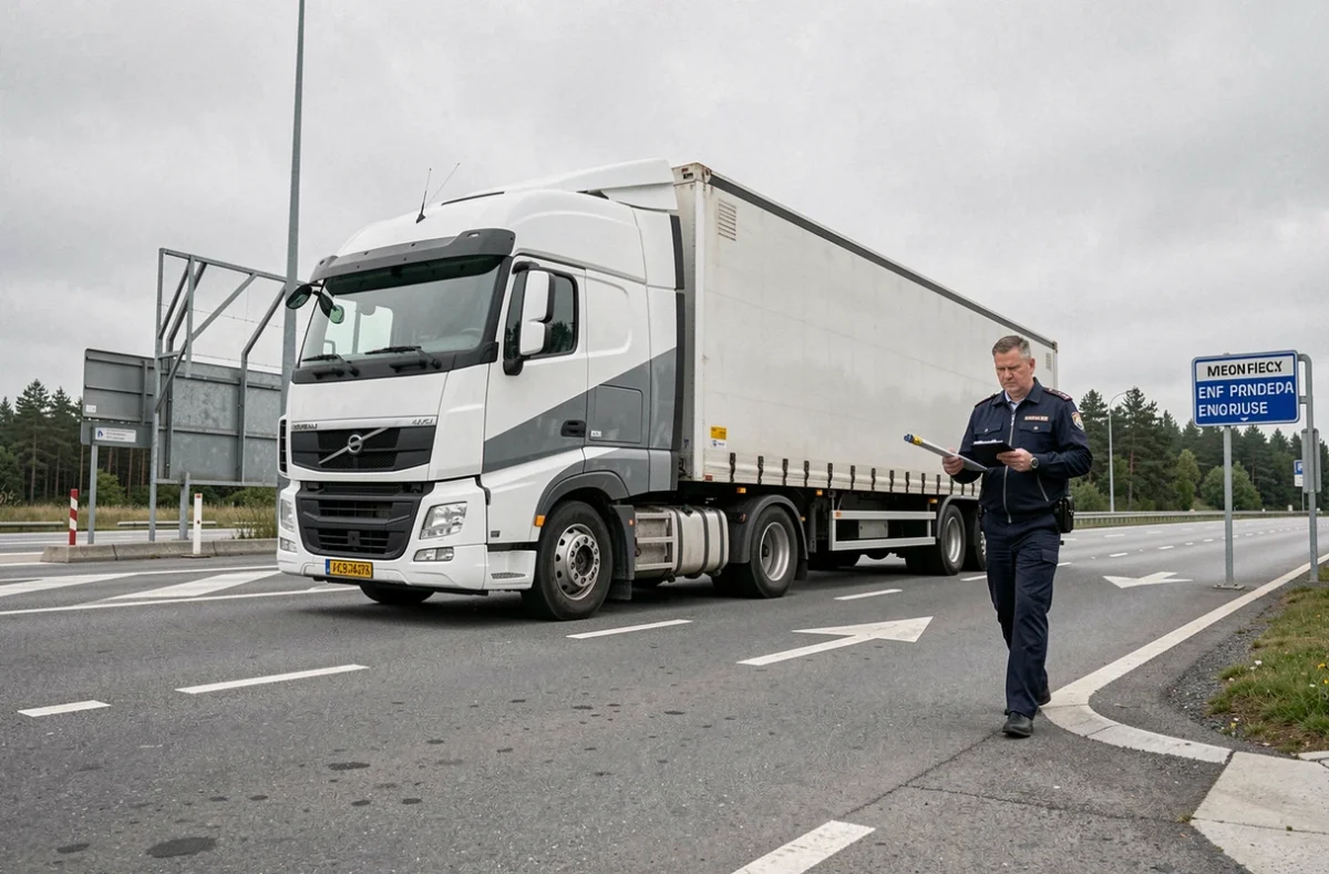 Inspecteur des transports mesurant les dimensions d'une semi-remorque 44 tonnes à un poste de contrôle routier
