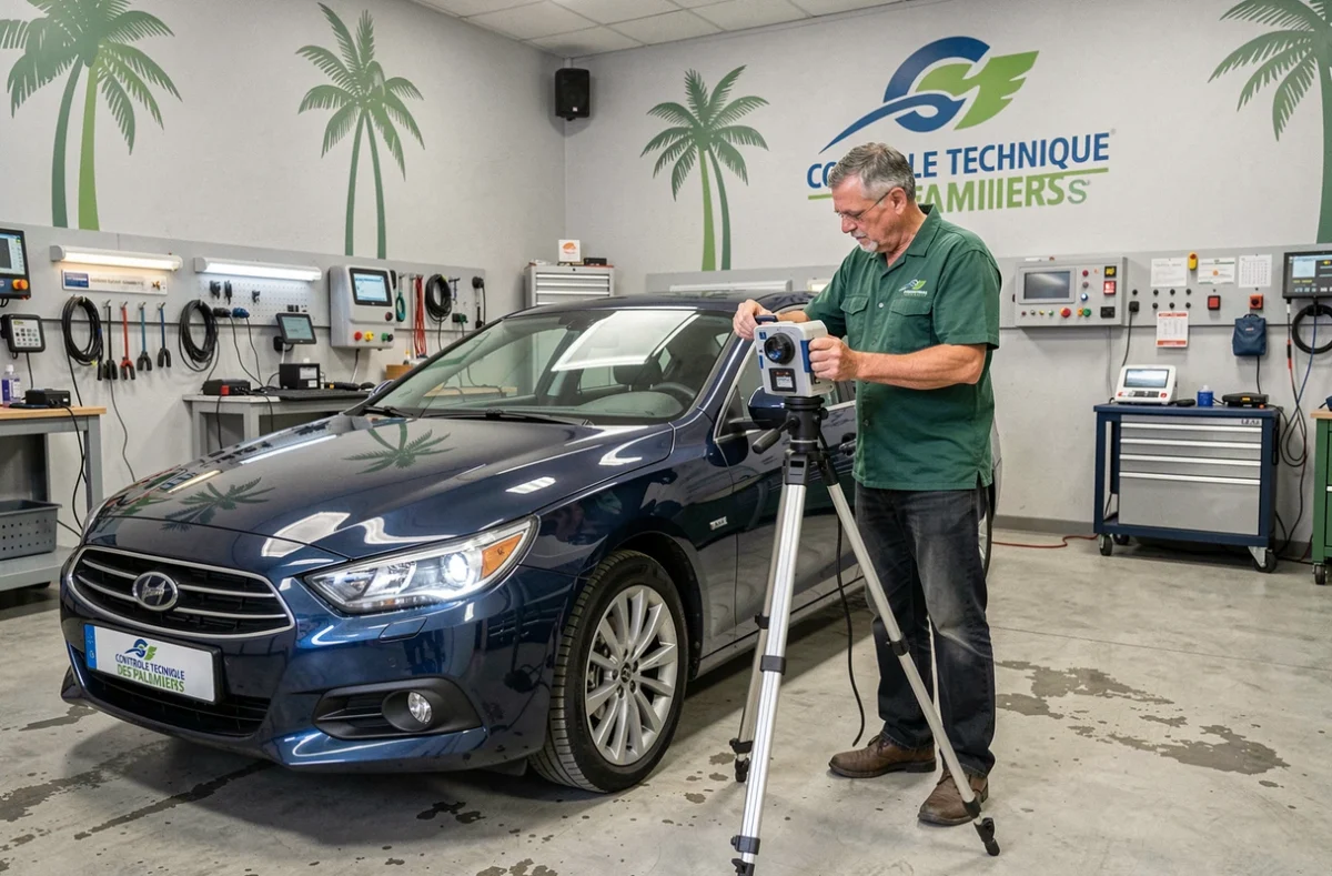 Technicien réglant l'alignement des phares d'une berline bleue au CONTROLE TECHNIQUE DES PALMIERS