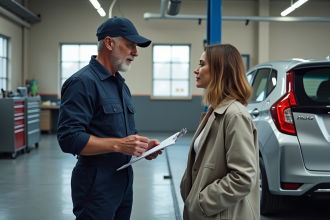 Mecanicien en overalls parlant à une femme près d'une voiture