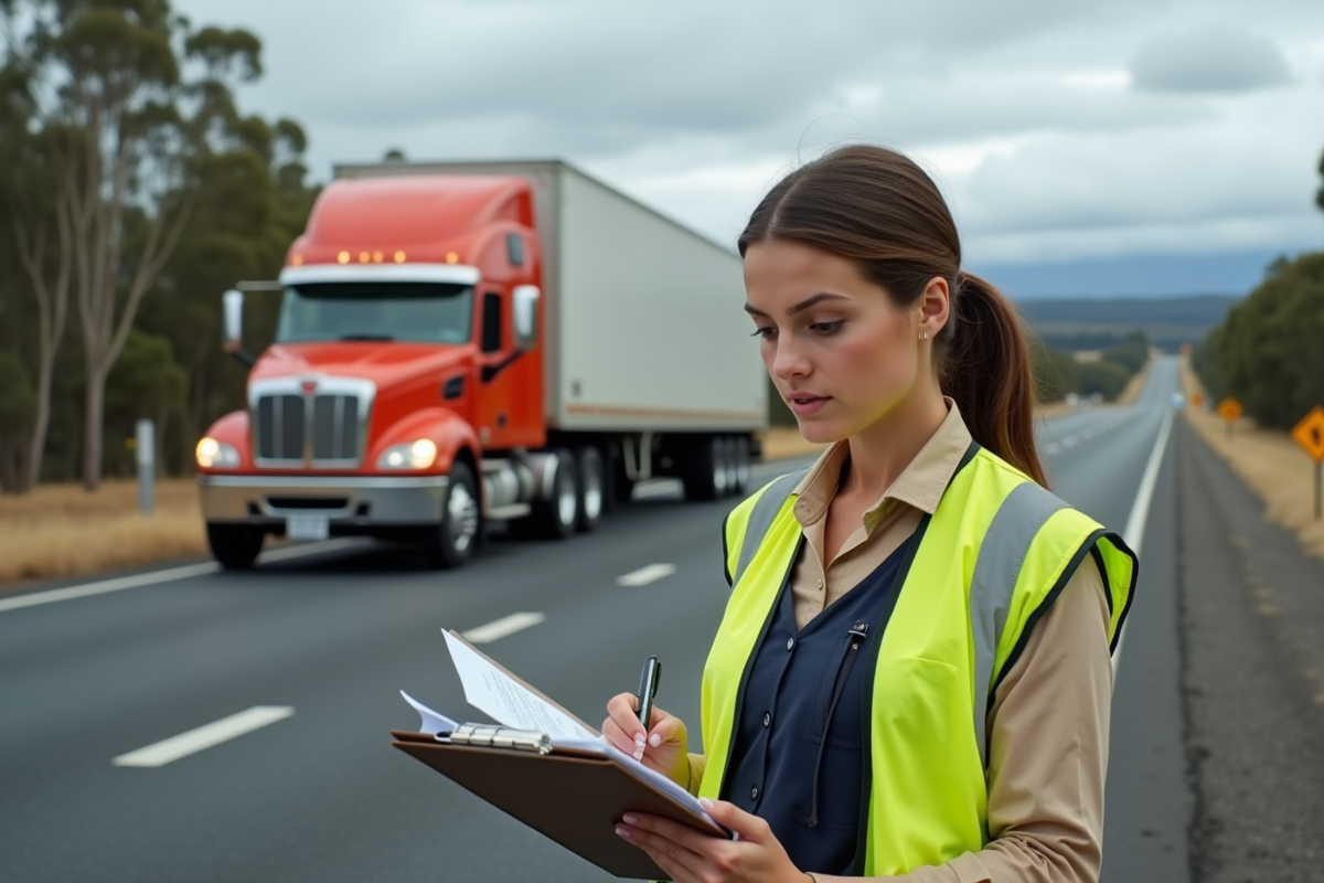 Inspectrice routière vérifiant un camion sur la route