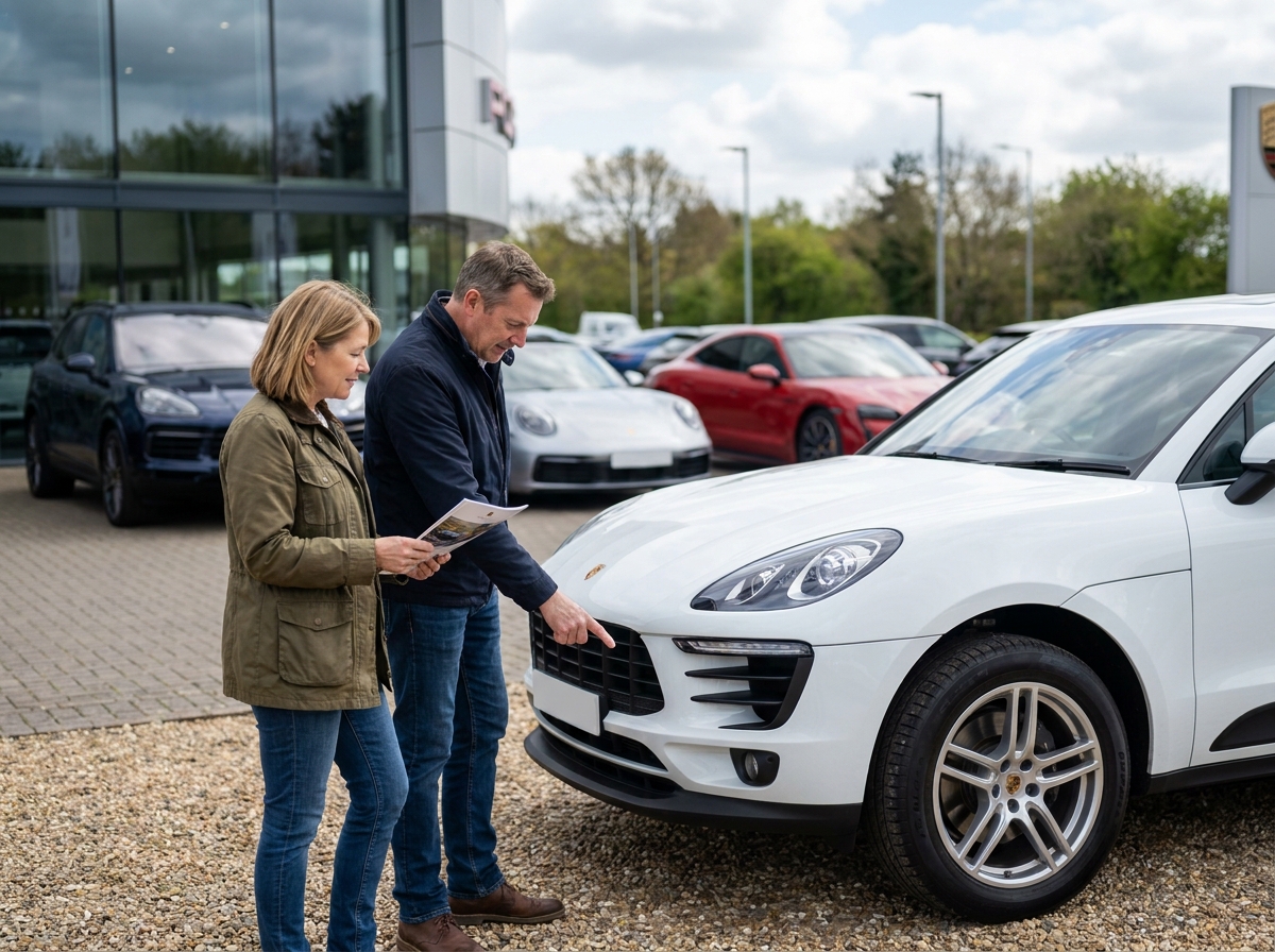Couple examinant une Porsche Macan blanche chez un concessionnaire, tenant une brochure d'assurance automobile