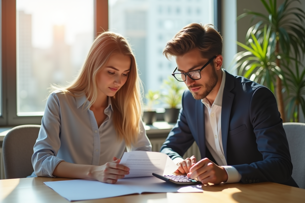 Jeune couple professionnel analysant des documents financiers