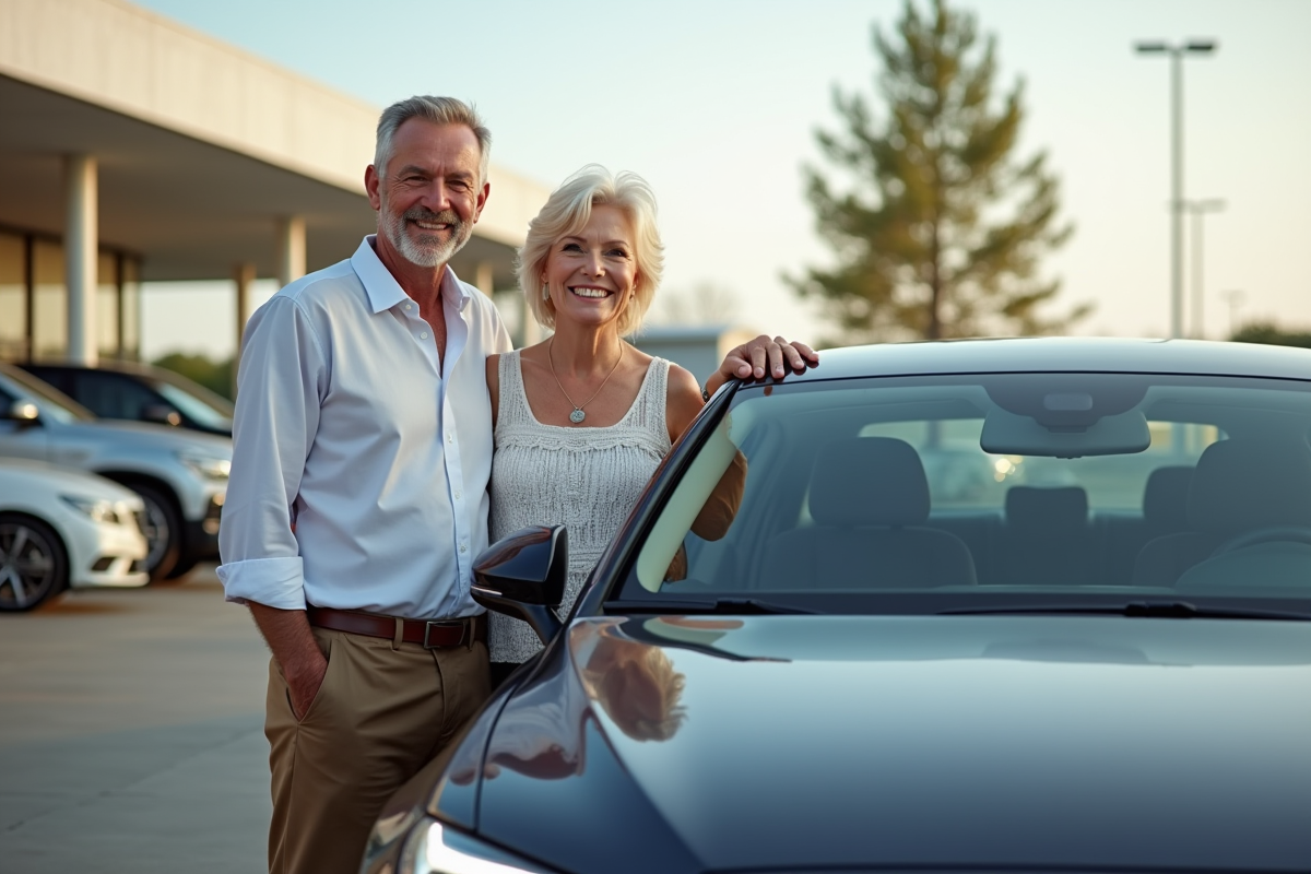 Couple senior souriant devant leur nouvelle voiture dans un parking lumineux