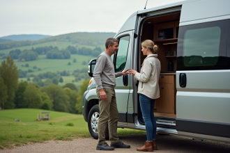 Couple regardant le van aménagé en pleine nature