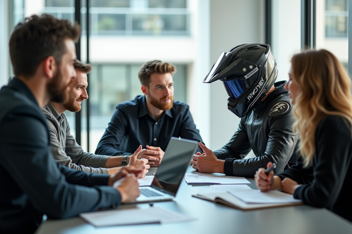 Motocycliste professionnel en réunion d'équipe en bureau lumineux