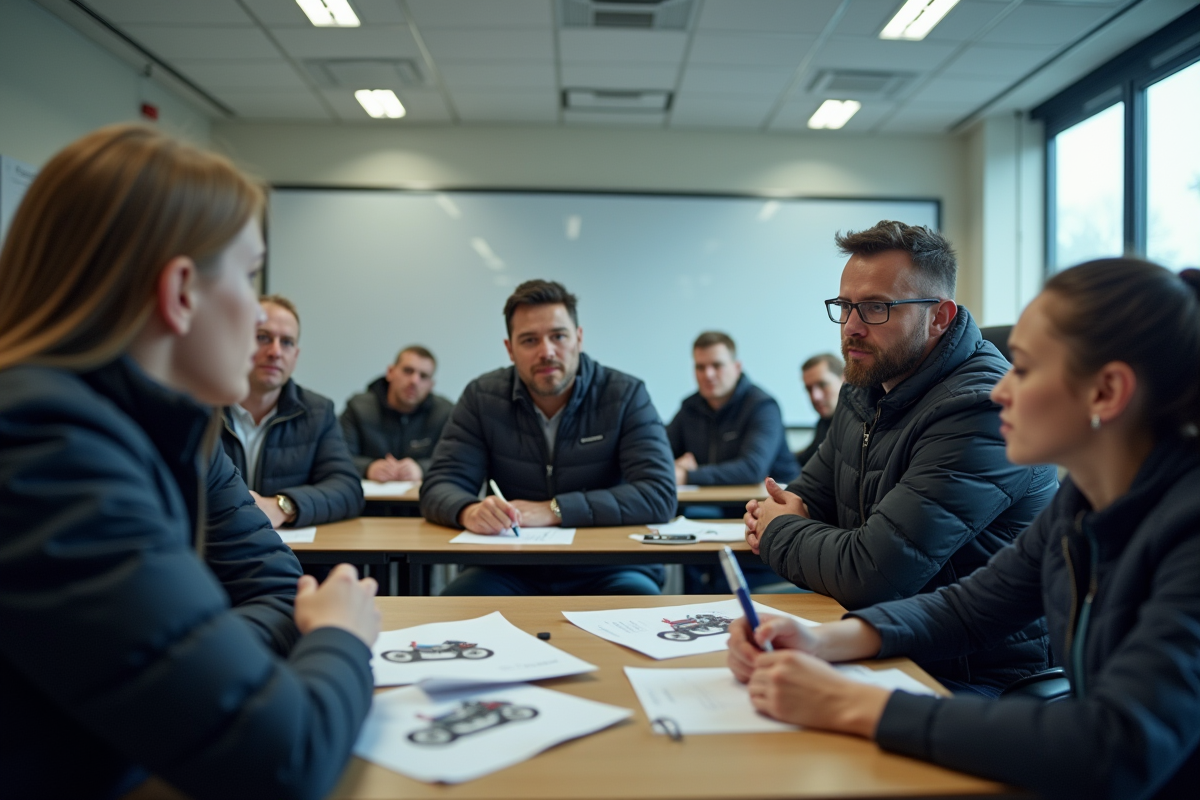 Salle de formation avec adultes et moto 350cc sur la table