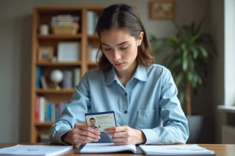 Jeune femme examinant sa date de délivrance sur un permis de conduire probatoire à son bureau