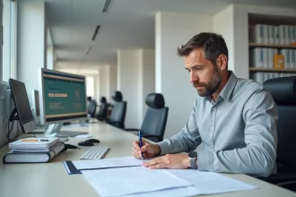 Homme remplissant un formulaire de demande de carte grise dans un bureau administratif près de Houilles