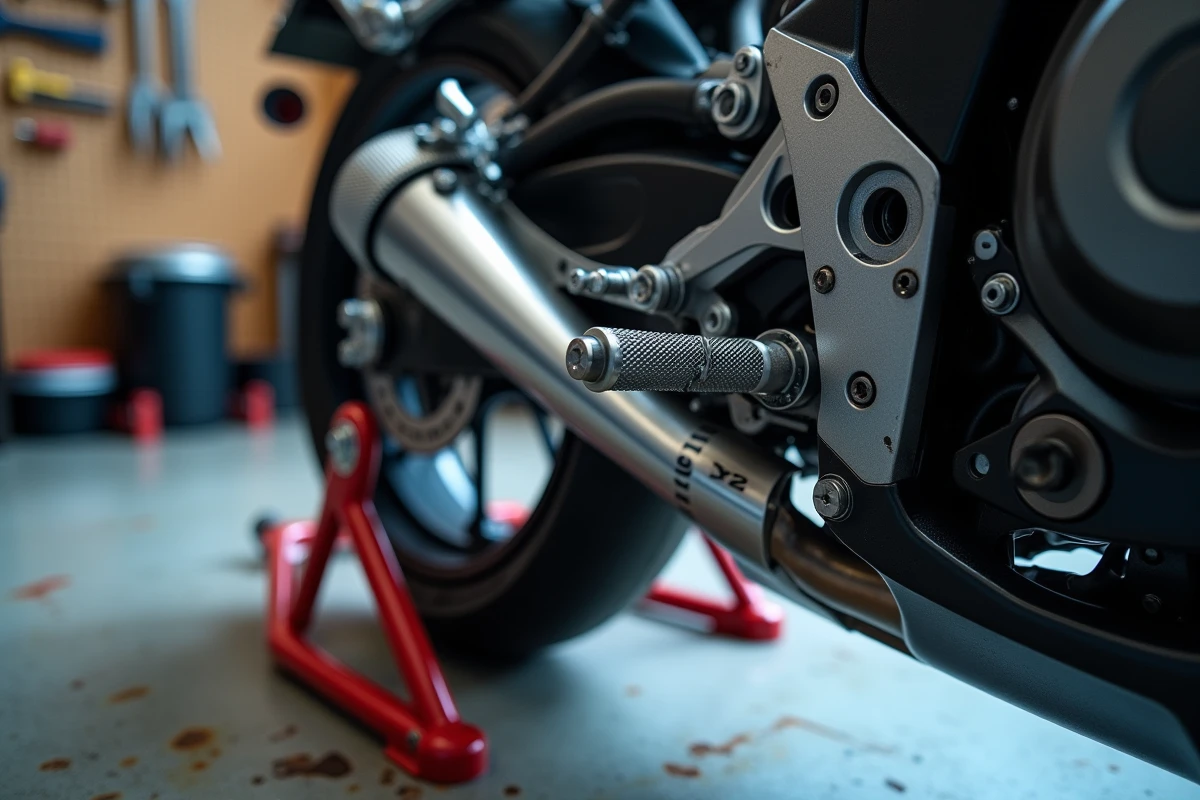 Détail du réglage de l'amortisseur arrière et du monoamortisseur sur une Suzuki GSX-R 750