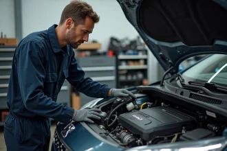 Technicien automobile connectant un scanner OBD2 sur une Peugeot 308 dans un atelier de réparation professionnel pour diagnostiquer le code erreur P2563