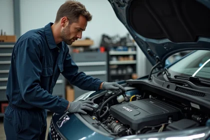 Technicien automobile connectant un scanner OBD2 sur une Peugeot 308 dans un atelier de réparation professionnel pour diagnostiquer le code erreur P2563