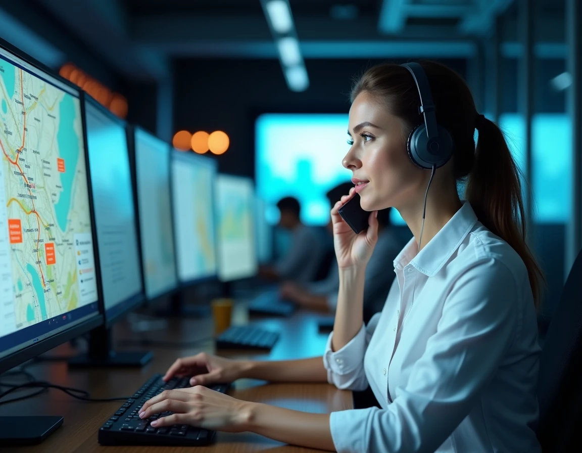 Dispatcher transport féminine gérant les restrictions de circulation poids lourds depuis un poste de contrôle logistique