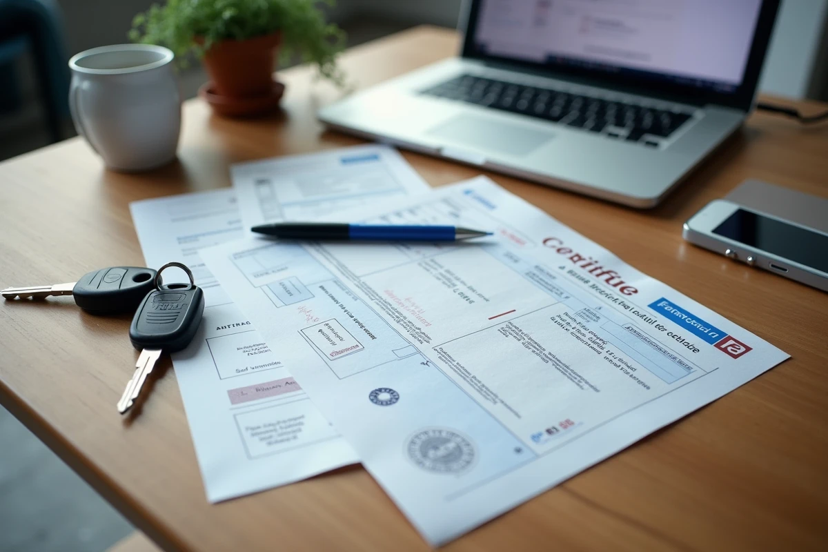 Documents administratifs pour la carte grise posés sur un bureau de garage agréé avec clés de voiture et formulaire officiel