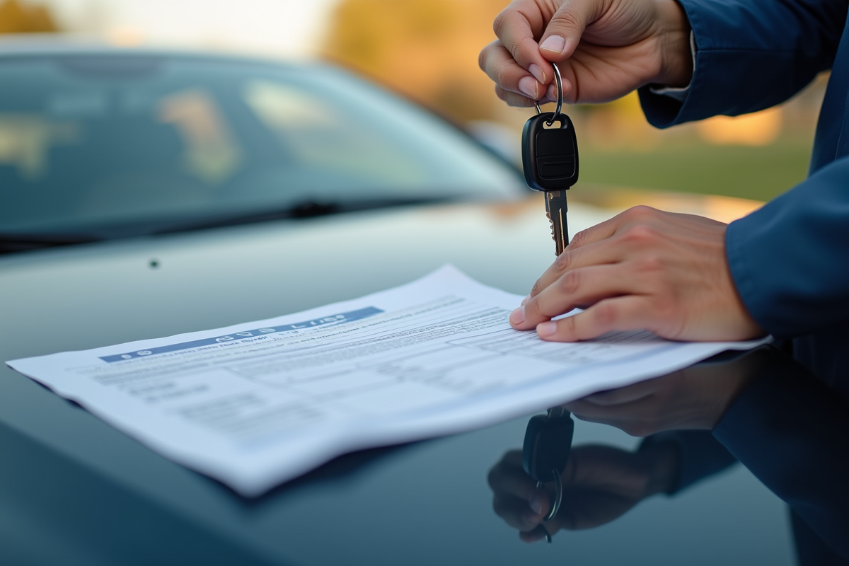 Mains tenant un document d'immatriculation voiture et clés