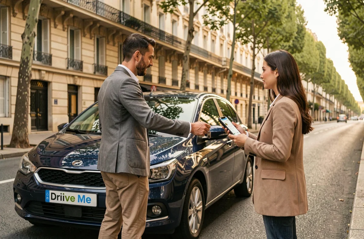 Un propriétaire remet les clés de sa voiture à une locataire via le service Driive Me dans une avenue de Neuilly-sur-Seine