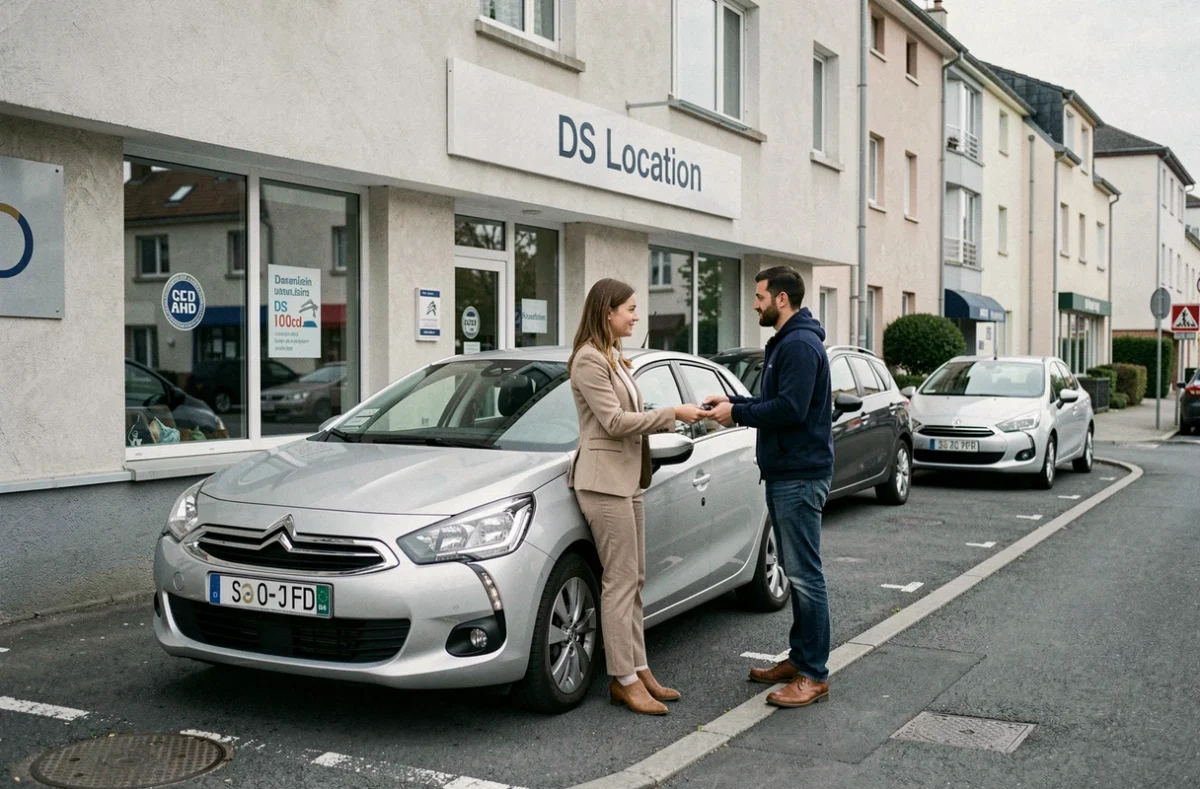 Une employée de DS Location remet les clés d'un véhicule à un client devant la petite agence dans les Hauts-de-Seine