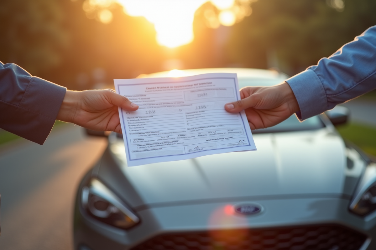 Main échangeant la nouvelle carte grise sur la voiture