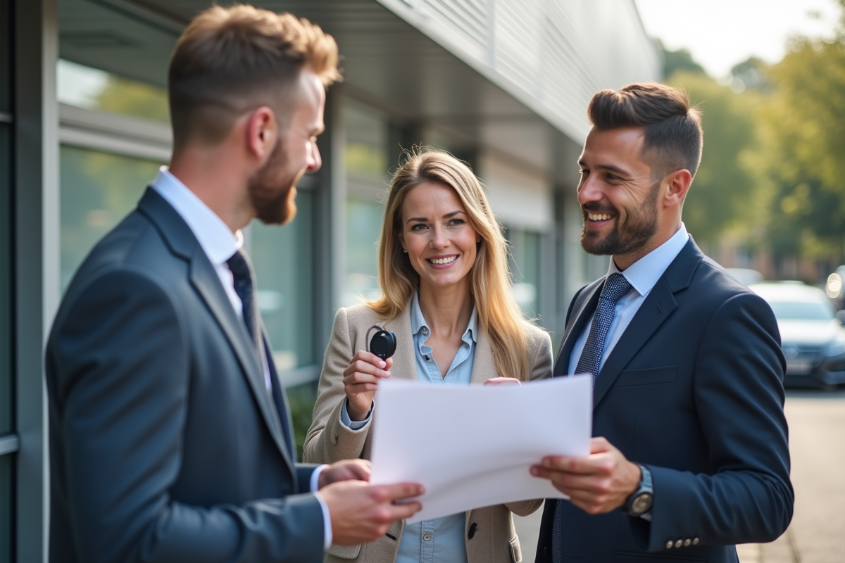 Homme et femme souriants échangeant des clés de voiture devant un bâtiment officiel