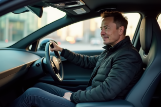 Elon Musk dans une voiture électrique en ville