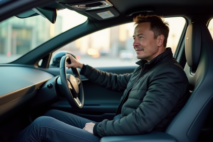 Elon Musk dans une voiture &eacute;lectrique en ville