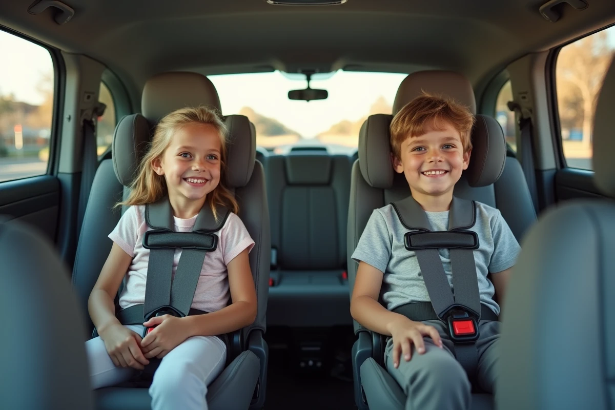 Enfants bien attachés dans leurs sièges auto homologués avec accessoires de sécurité et confort dans un monospace familial