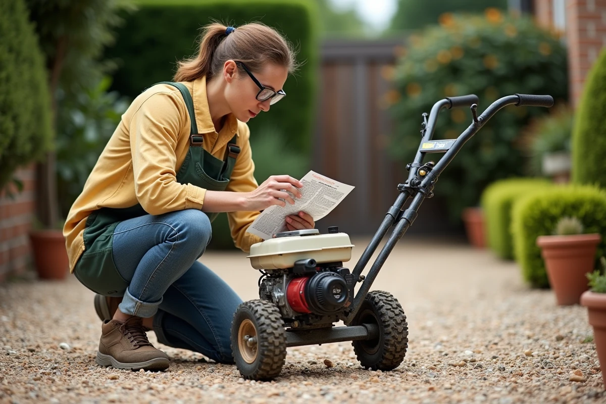 Femme effectuant l'entretien du mélange carburant d'un moteur thermique de jardin à domicile