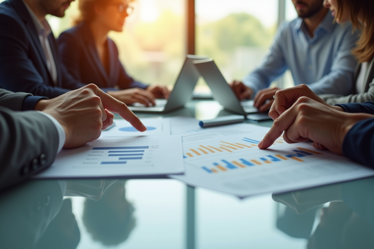 Groupe de professionnels étudie documents de franchise en réunion