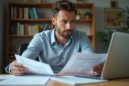 Homme consultant un dossier VTC refusé avec des documents administratifs éparpillés sur un bureau à domicile