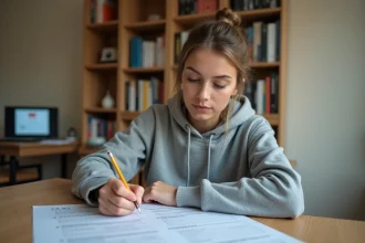 Jeune femme étudiant les 100 questions du permis de conduire sur un document PDF imprimé à son bureau