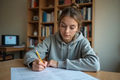 Jeune femme étudiant les 100 questions du permis de conduire sur un document PDF imprimé à son bureau