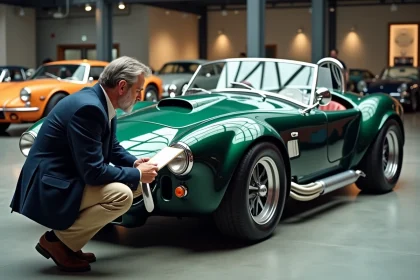 Expert en automobile évaluant une Cobra réplique dans une salle d'exposition de voitures classiques