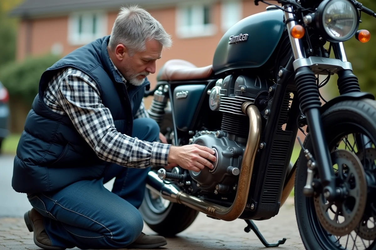 Homme examinant le moteur et la cha&icirc;ne d'une moto d'occasion dans une all&eacute;e r&eacute;sidentielle pour d&eacute;tecter usure et fuites