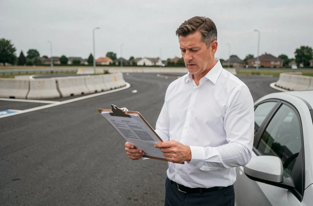 Examinateur du permis de conduire vérifiant des documents PDF officiels lors d'une session d'examen pratique