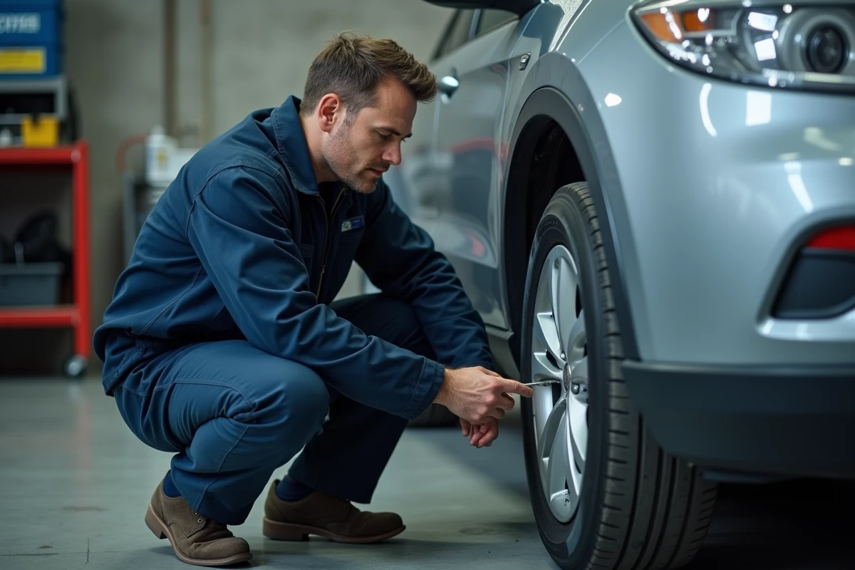 Expert automobile inspectant le dessous d'un véhicule dans un garage professionnel avant un achat